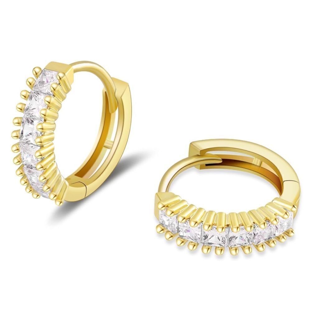 14K Yellow Gold with White Diamond Cubic Zirconia Princess Cut Huggie Earrings